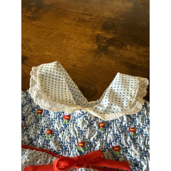 Vintage Hand-Smocked Baby or Doll Dress With Polka Dots & Lace Collar - Picture 5 of 16
